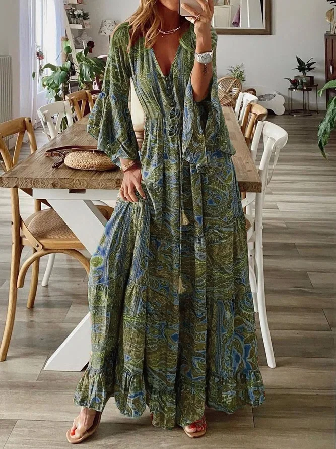 Women Floral V Neck Long Sleeve Comfy Boho Maxi Dress