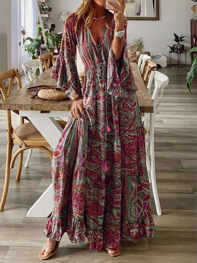 Women Floral V Neck Long Sleeve Comfy Boho Maxi Dress