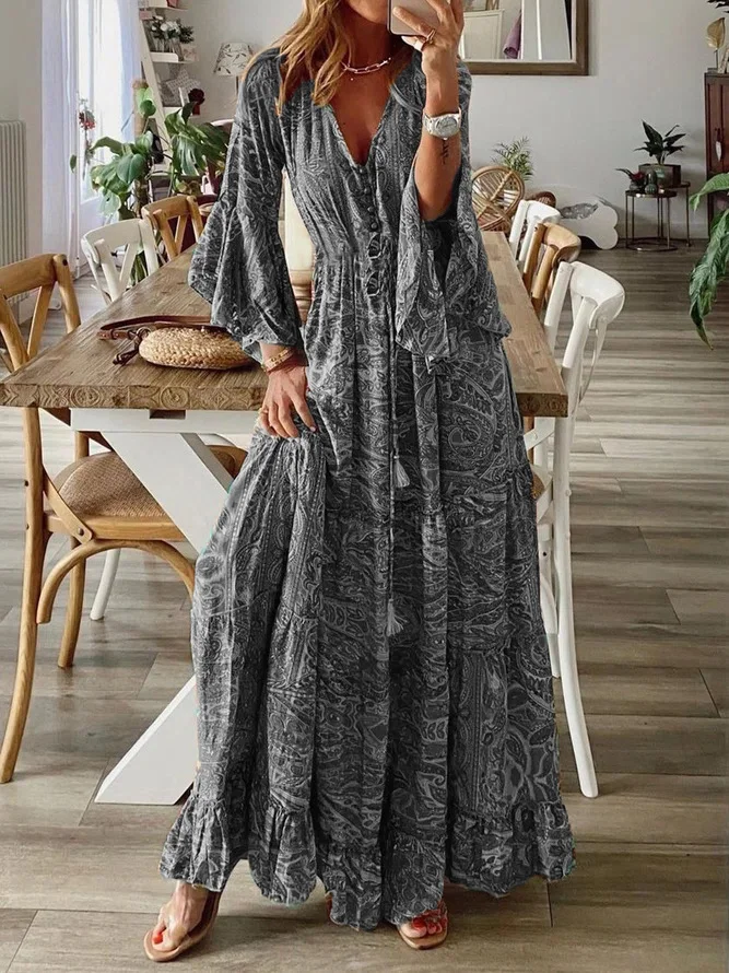 Women Floral V Neck Long Sleeve Comfy Boho Maxi Dress