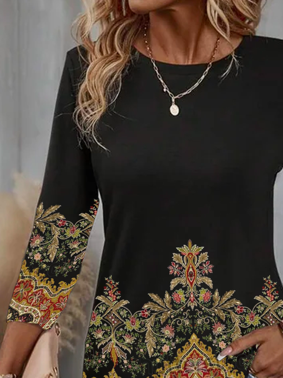 Casual Ethnic Crew Neck Long Sleeve T-shirt