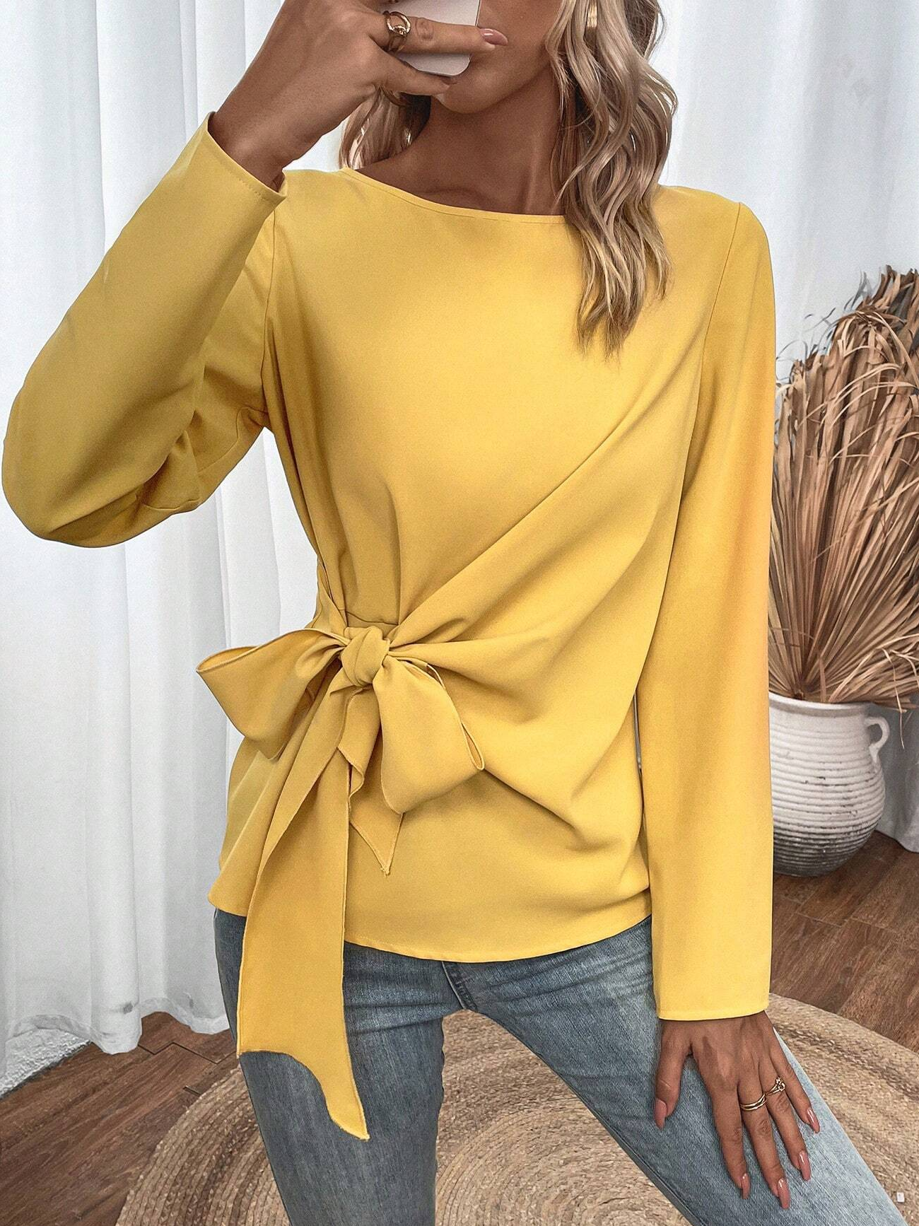Crew Neck Long Sleeve Halloween Knot Front Regular Micro-Elasticity Loose Shirt For Women