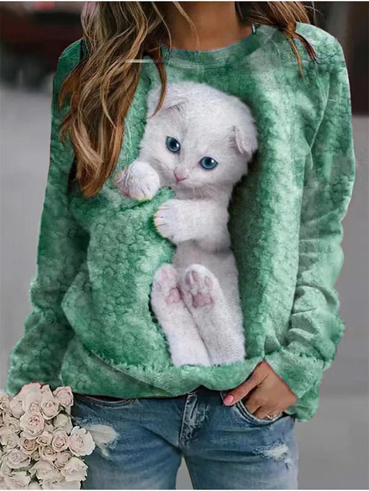 Casual Crew Neck Cat Sweatshirt