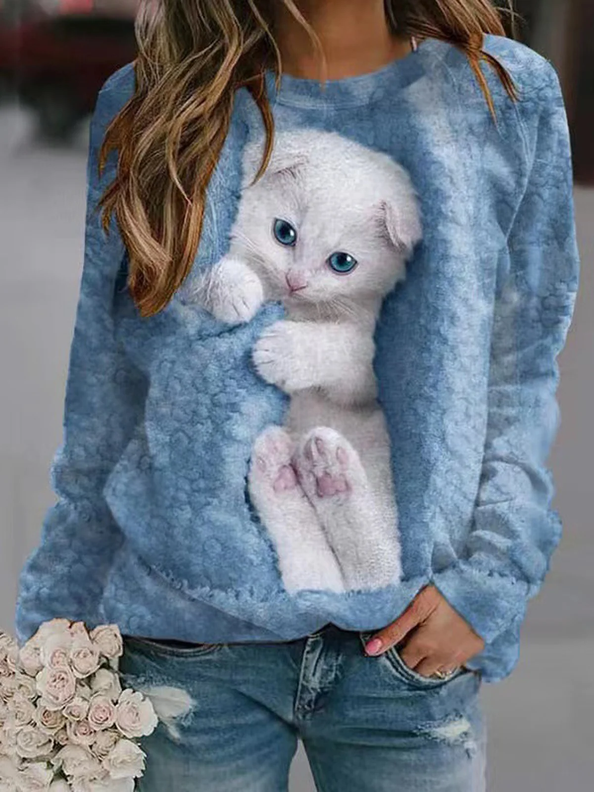 Casual Crew Neck Cat Sweatshirt