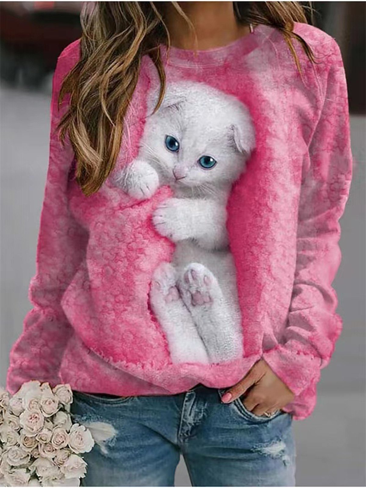 Casual Crew Neck Cat Sweatshirt