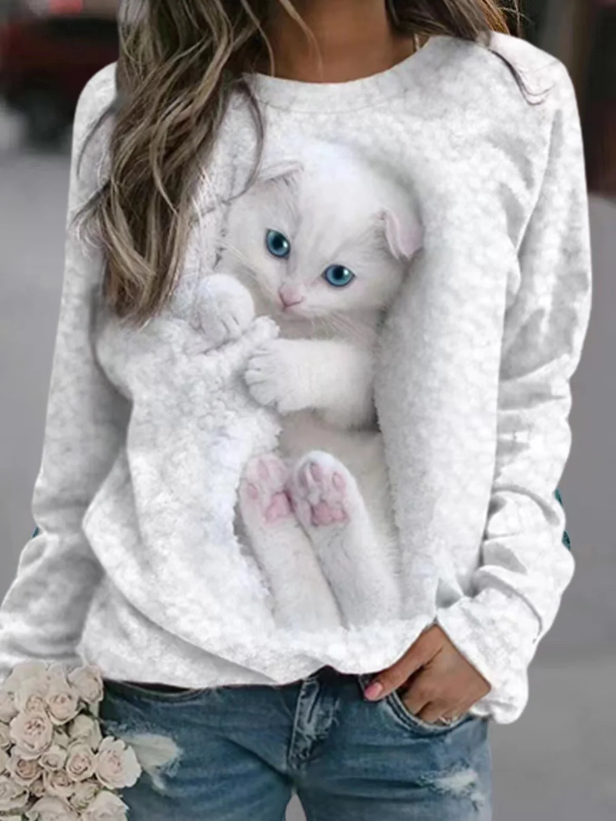 Casual Crew Neck Cat Sweatshirt