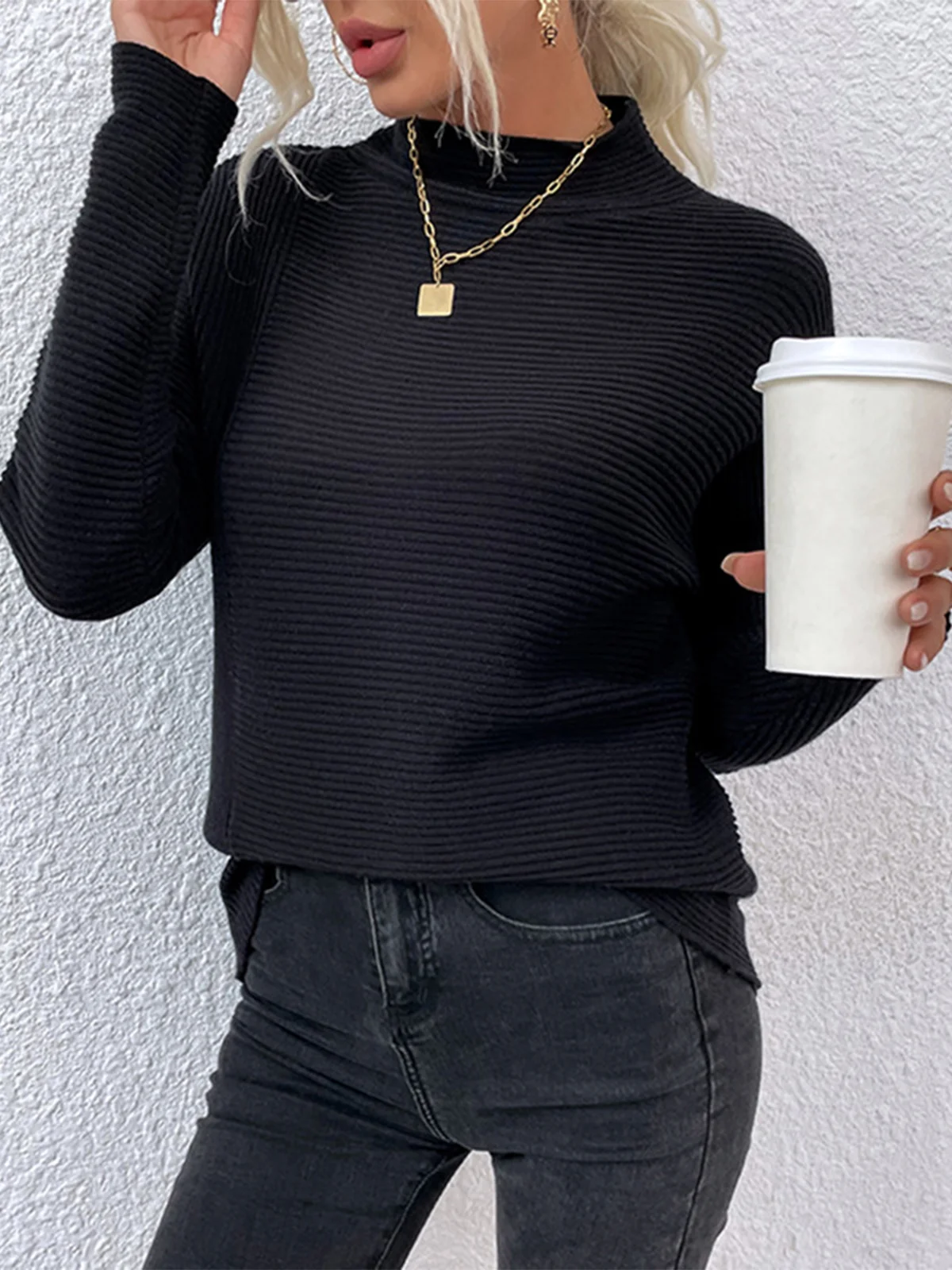 Casual Turtleneck Plain Sweatshirt
