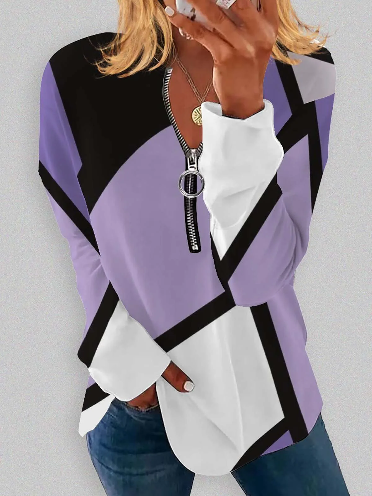 Casual V Neck Geometric Sweatshirt