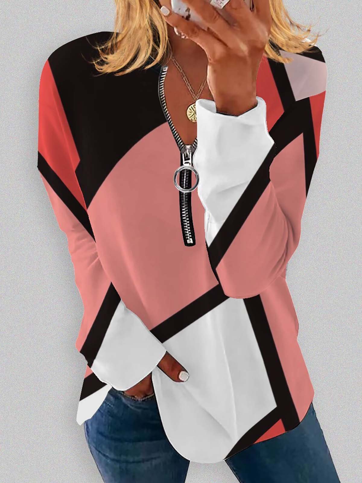 Casual V Neck Geometric Sweatshirt