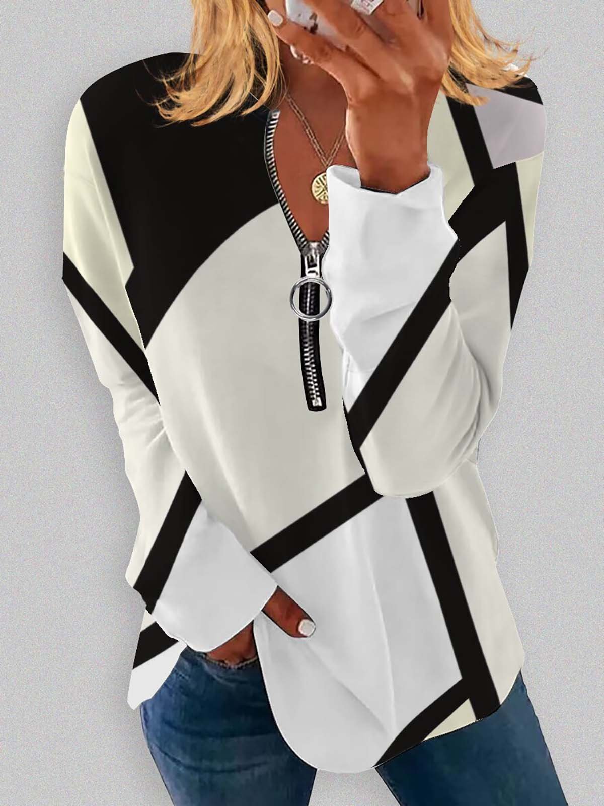 Casual V Neck Geometric Sweatshirt