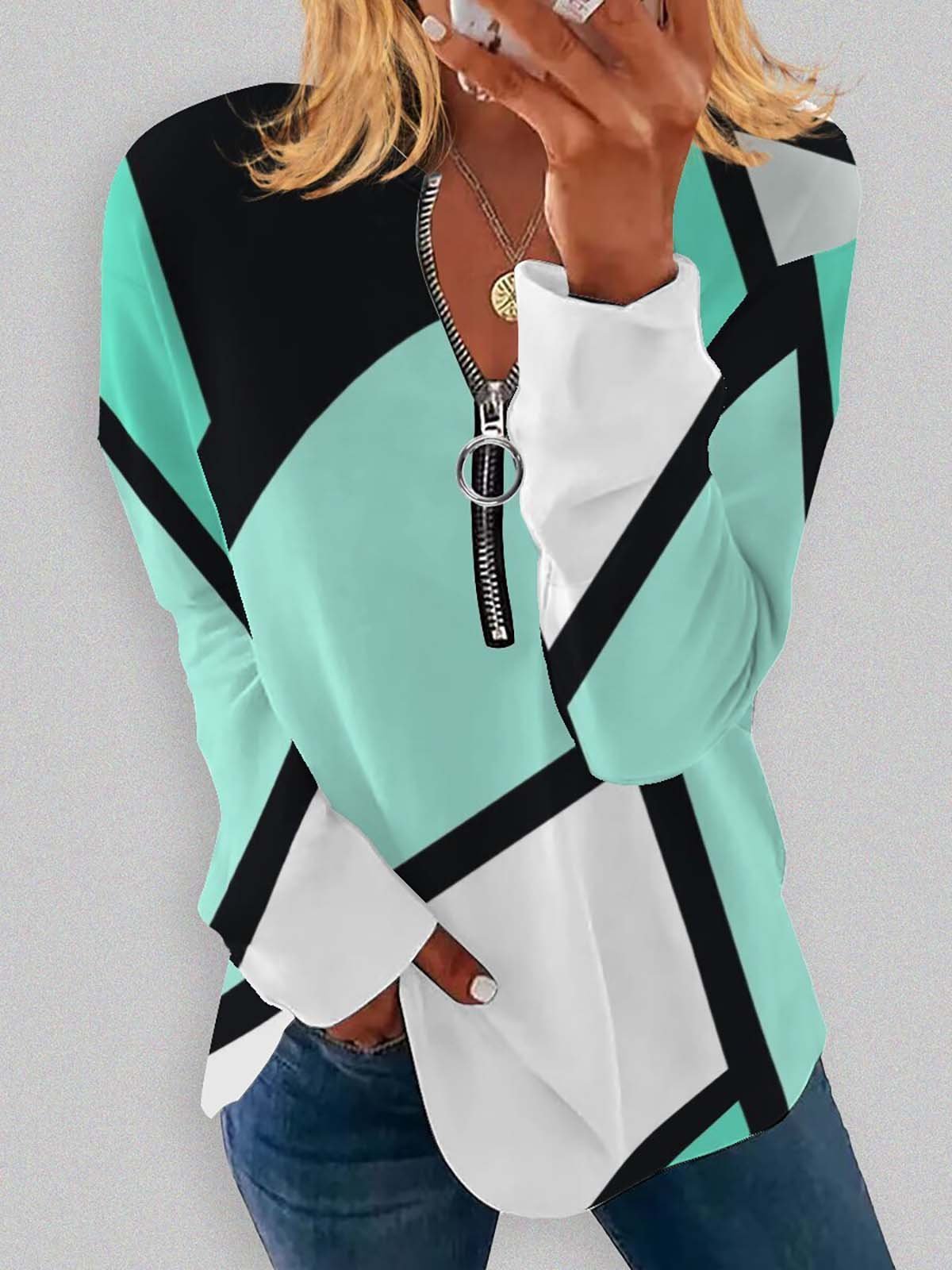 Casual V Neck Geometric Sweatshirt