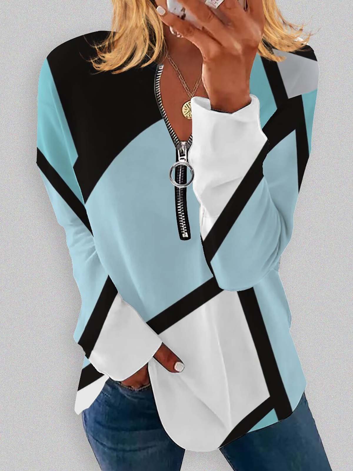 Casual V Neck Geometric Sweatshirt