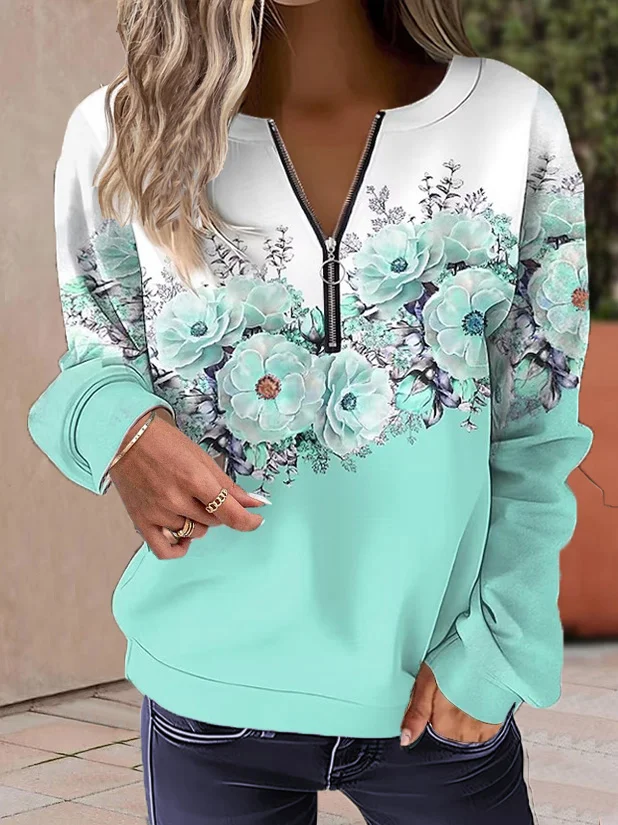 Casual Crew Neck Floral Sweatshirt