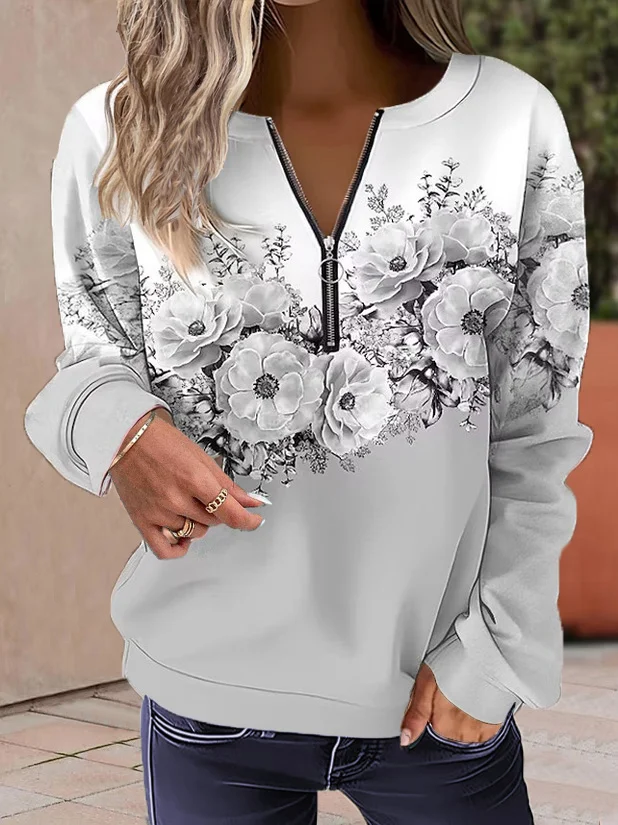 Casual Crew Neck Floral Sweatshirt