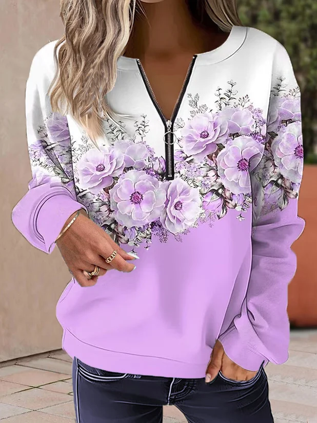 Casual Crew Neck Floral Sweatshirt