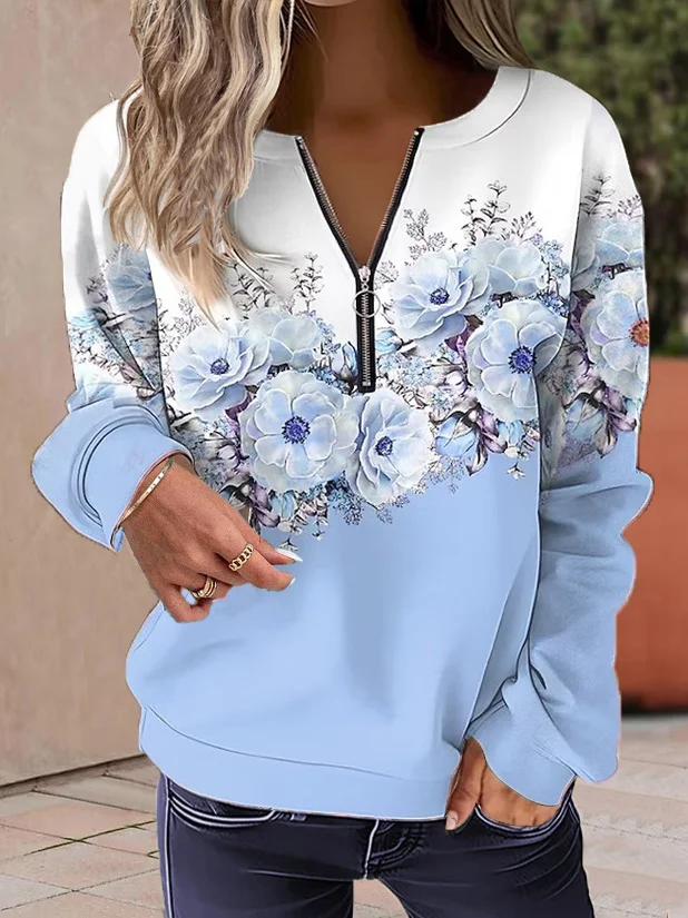 Casual Crew Neck Floral Sweatshirt