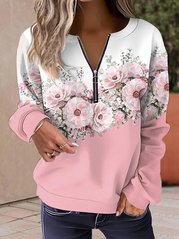 Casual Crew Neck Floral Sweatshirt