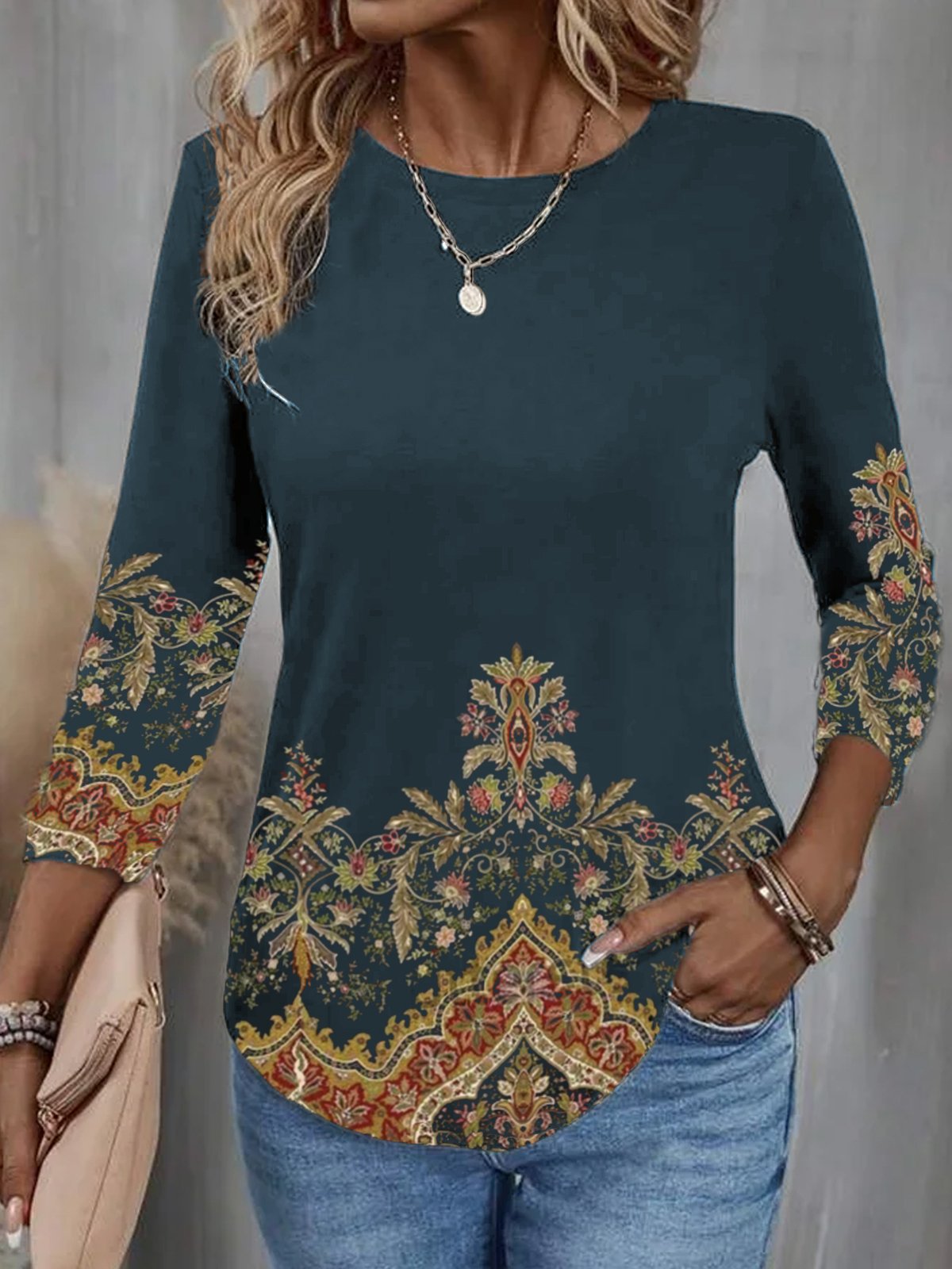 Casual Ethnic Crew Neck Long Sleeve T-shirt