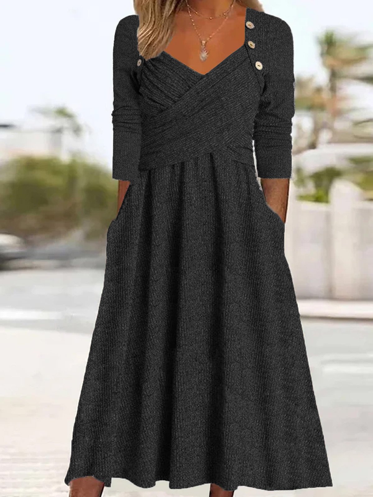 Women Plain Sweetheart Neckline Long Sleeve Comfy Casual Buckle Maxi Dress