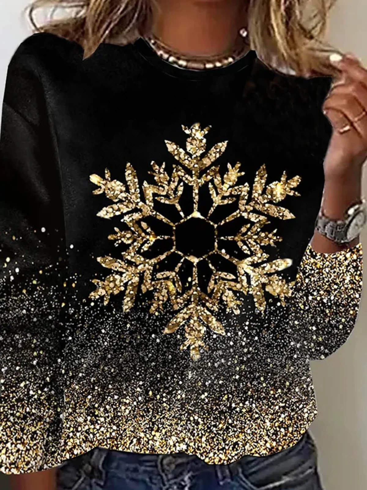 Casual Christmas Snowflake Print Crew Neck Long Sleeve T-shirt