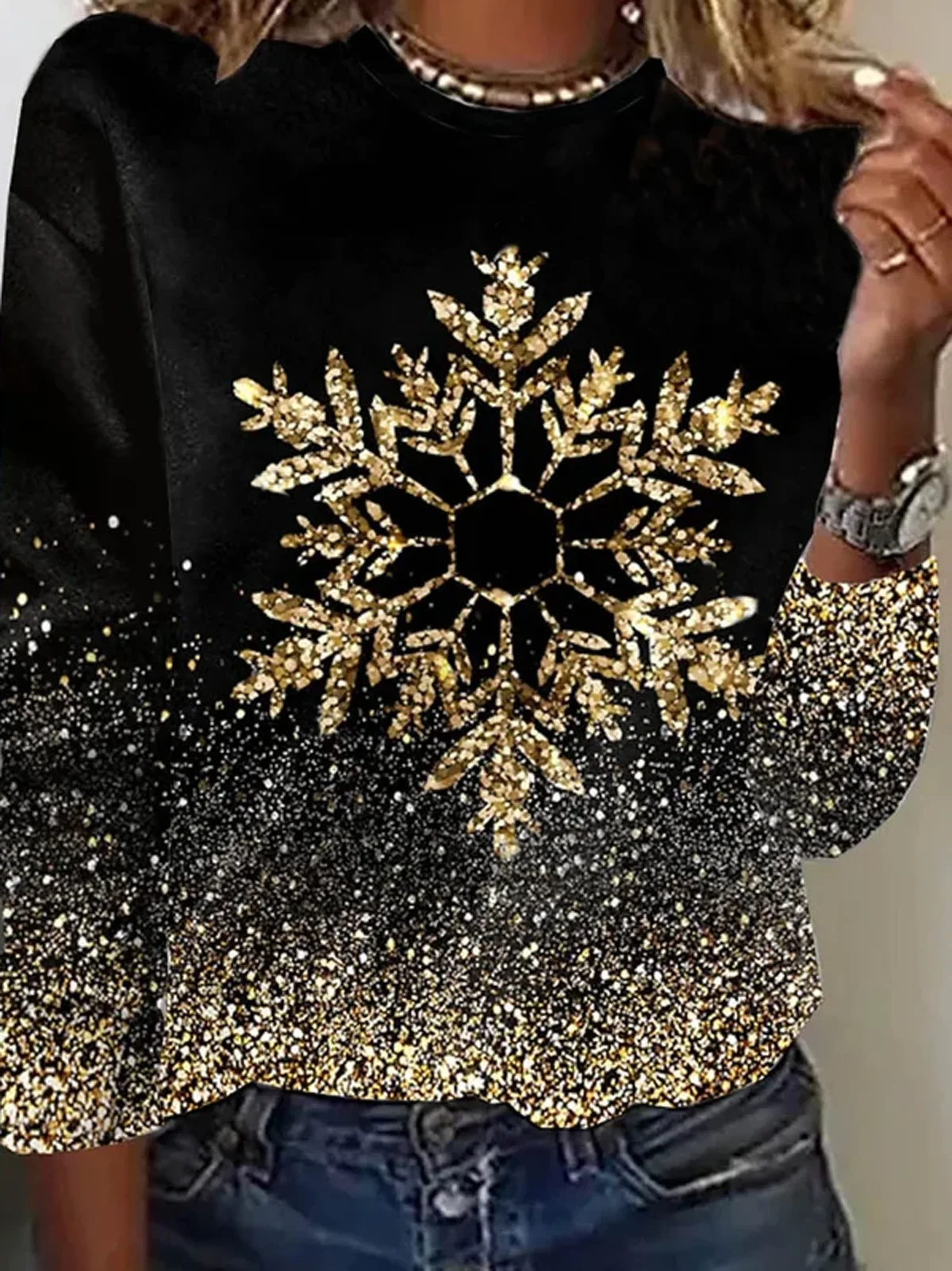 Casual Christmas Snowflake Print Crew Neck Long Sleeve T-shirt