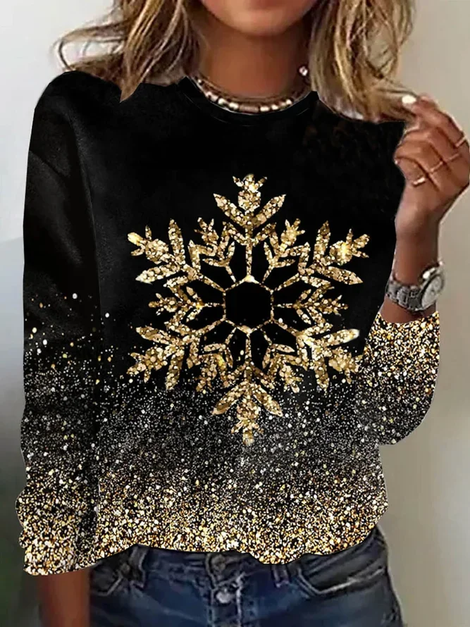 Casual Christmas Snowflake Print Crew Neck Long Sleeve T-shirt