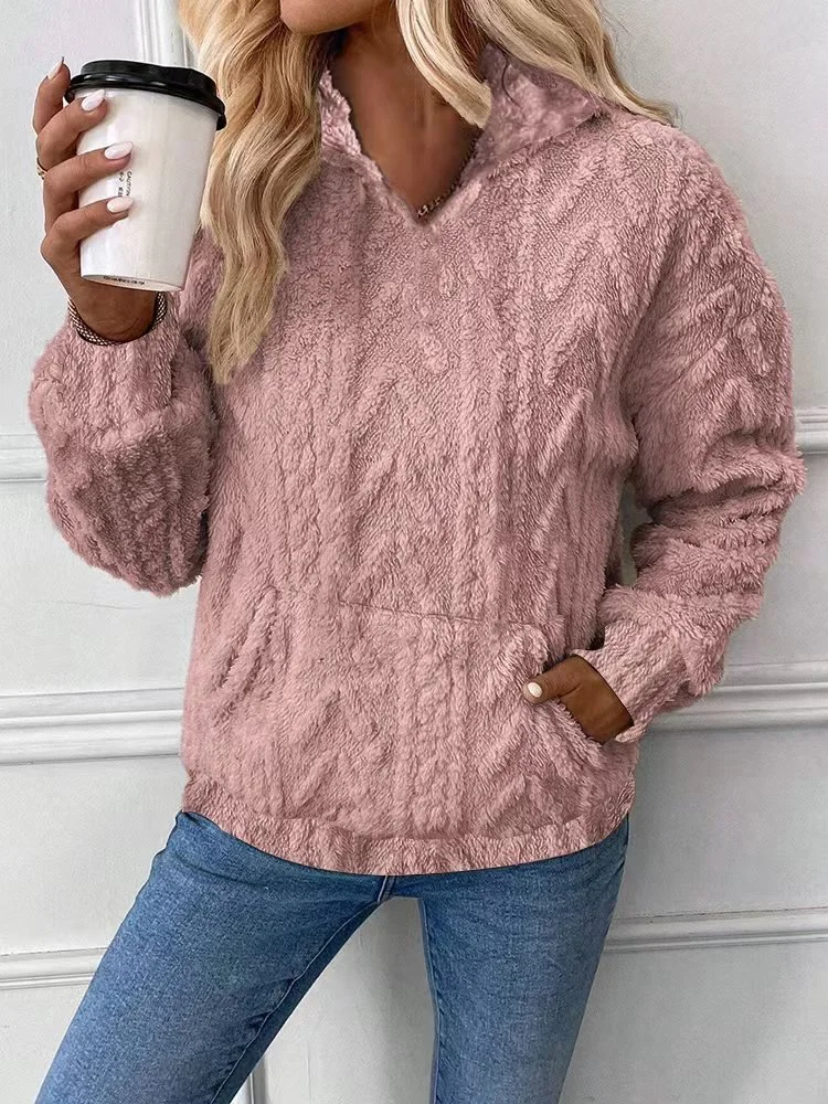 Women's Casual V Neck Ribbed Soft Sweatshirt