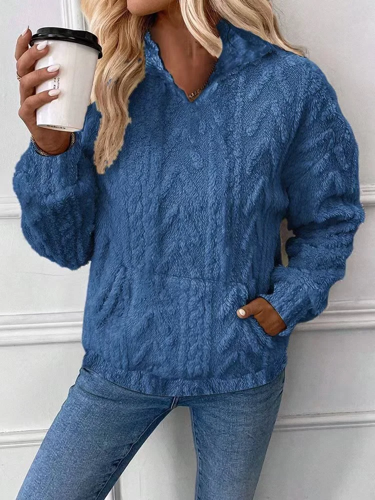 Women's Casual V Neck Ribbed Soft Sweatshirt