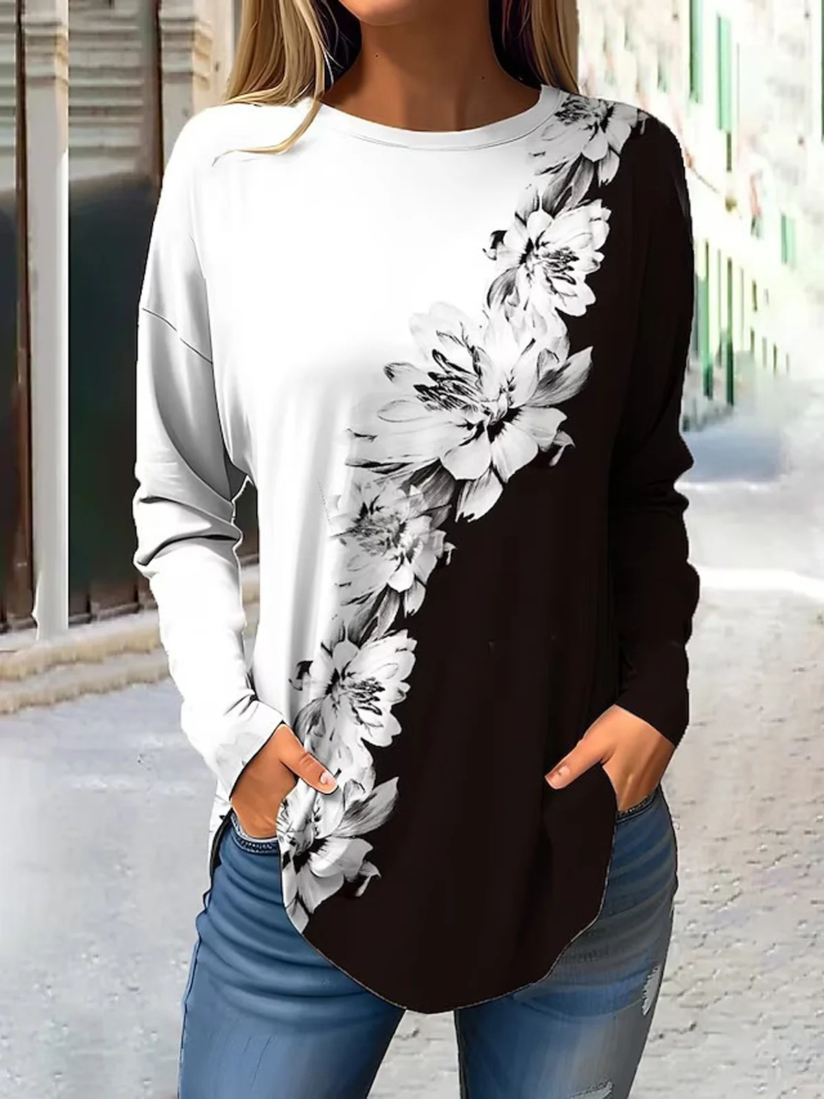 Casual Abstract Crew Neck Long Sleeve T-shirt
