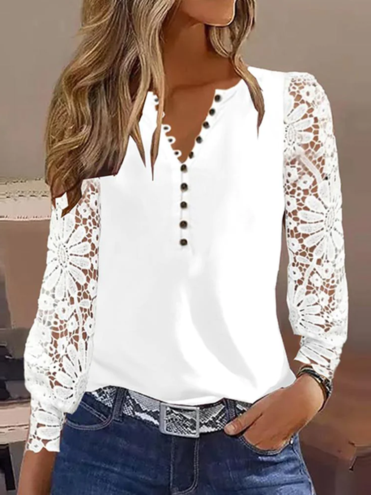 V Neck Long Sleeve Plain Lace Regular Micro-Elasticity Loose Shirt For Women