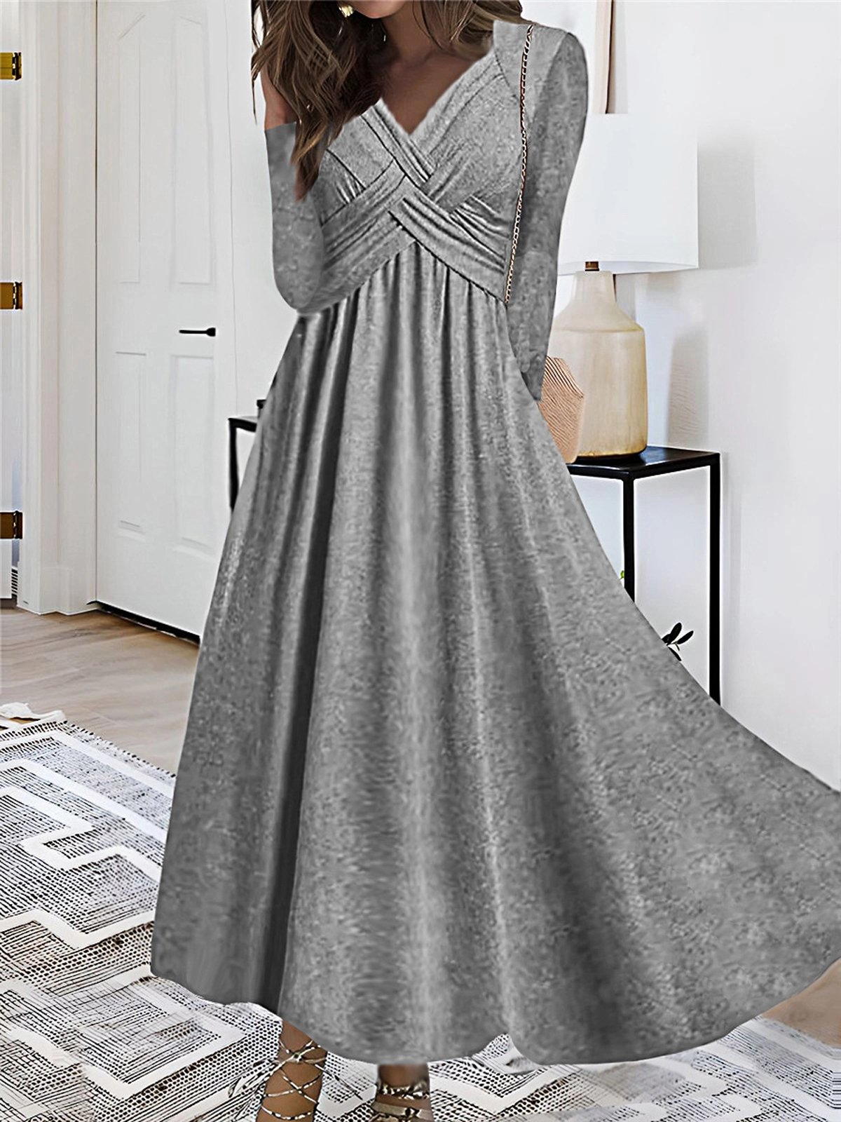 Women Plain V Neck Long Sleeve Comfy Casual Maxi Dress