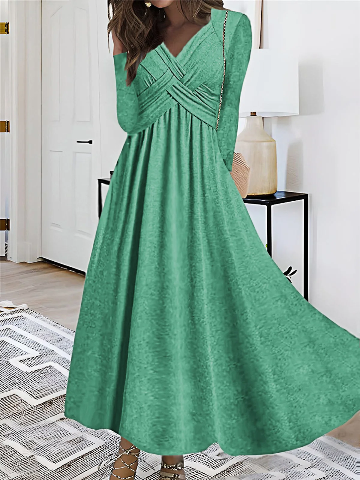 Women Plain V Neck Long Sleeve Comfy Casual Maxi Dress