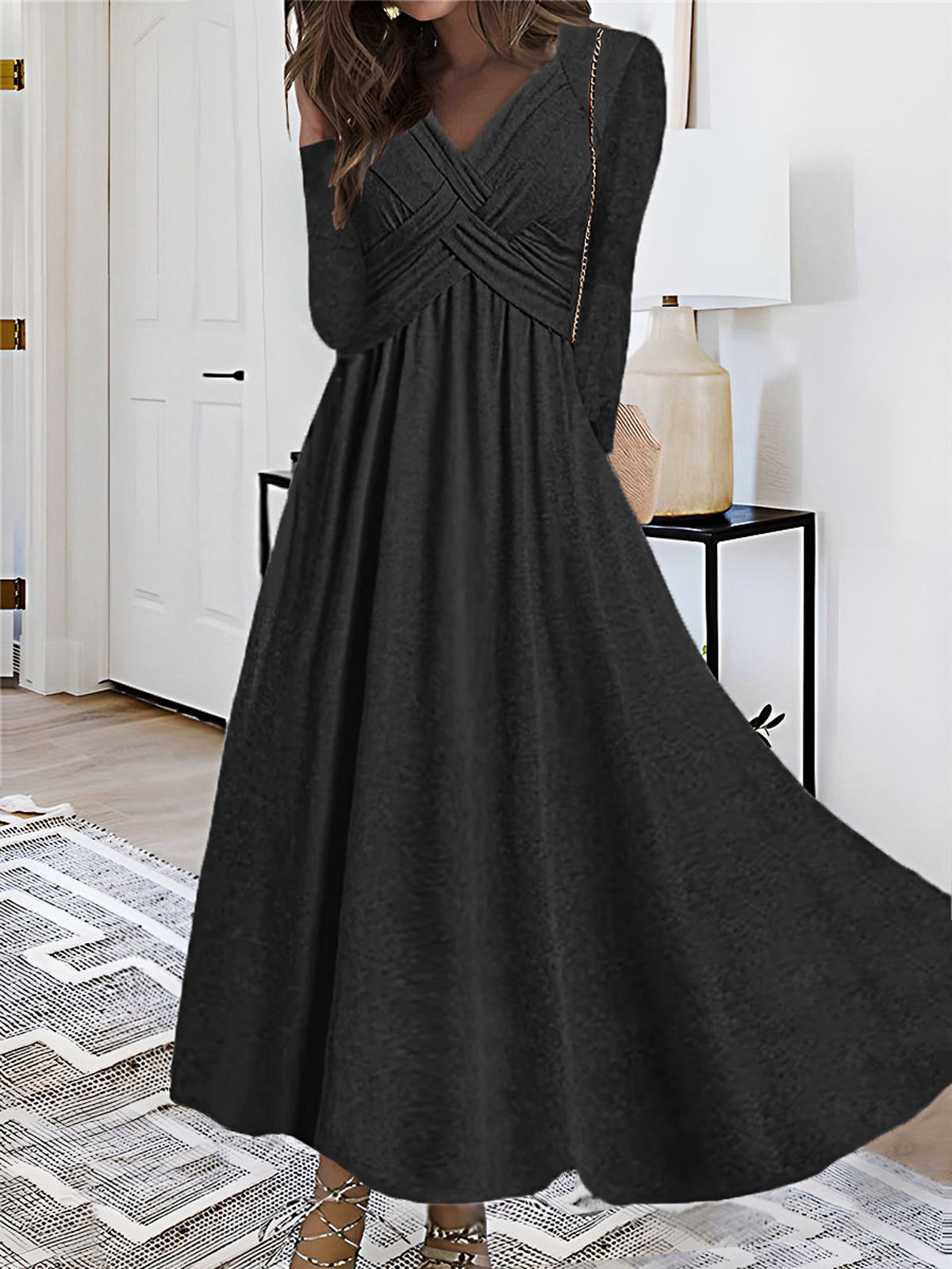 Women Plain V Neck Long Sleeve Comfy Casual Maxi Dress