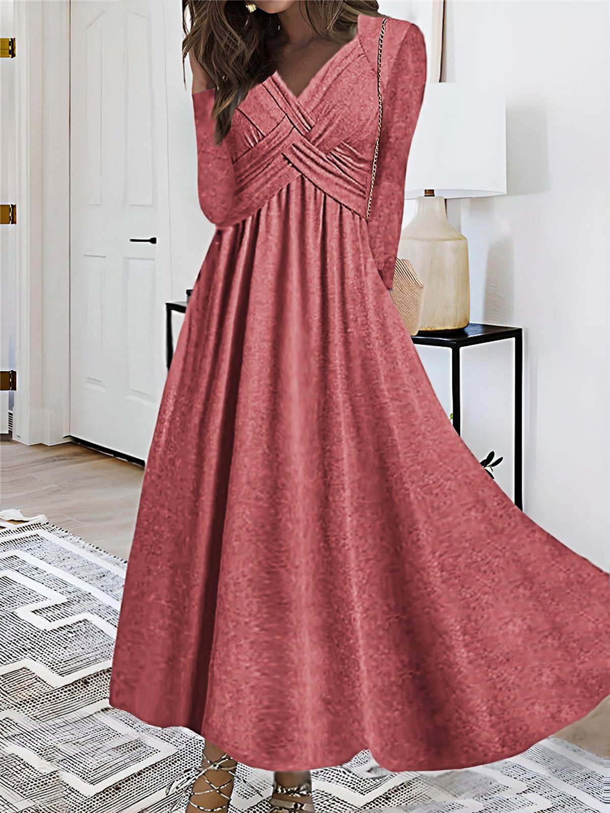 Women Plain V Neck Long Sleeve Comfy Casual Maxi Dress