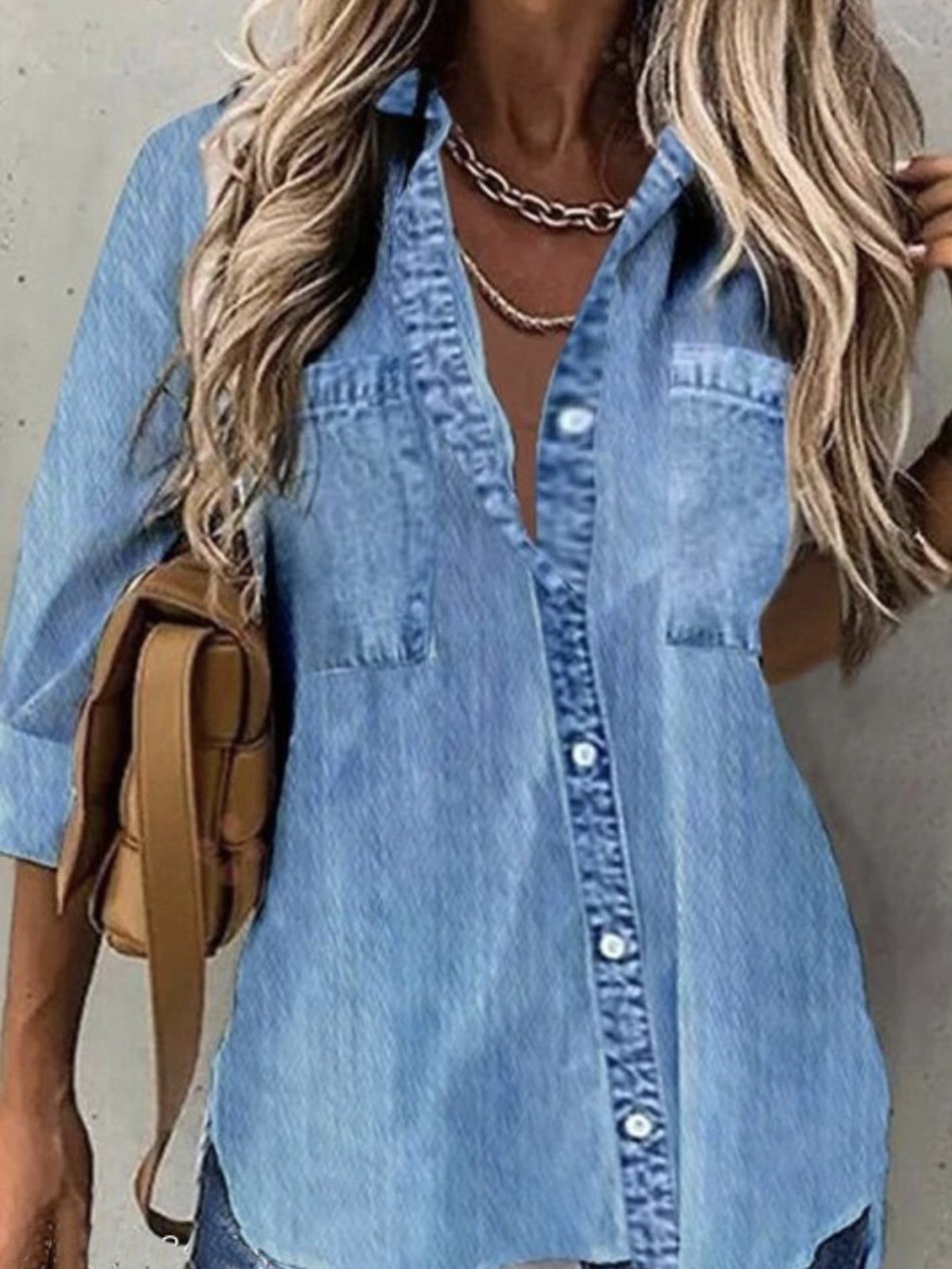 Women's Shirt Spring Collar Denim Long Sleeve Abstract Regular Loose Blouse