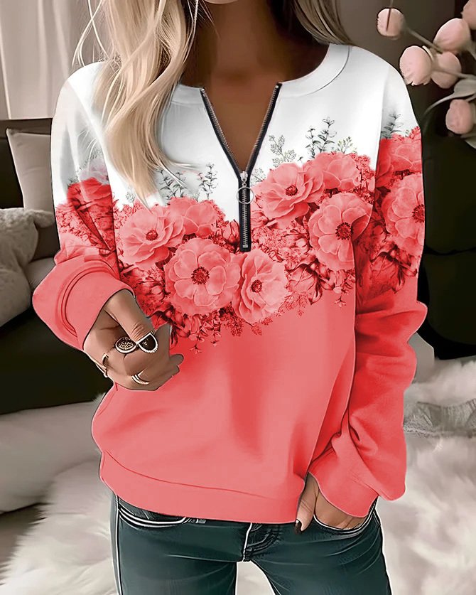 Casual Crew Neck Floral Sweatshirt