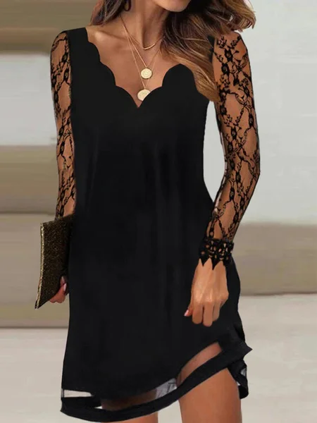 Women Plain V Neck Long Sleeve Comfy Casual Mesh Short Dress