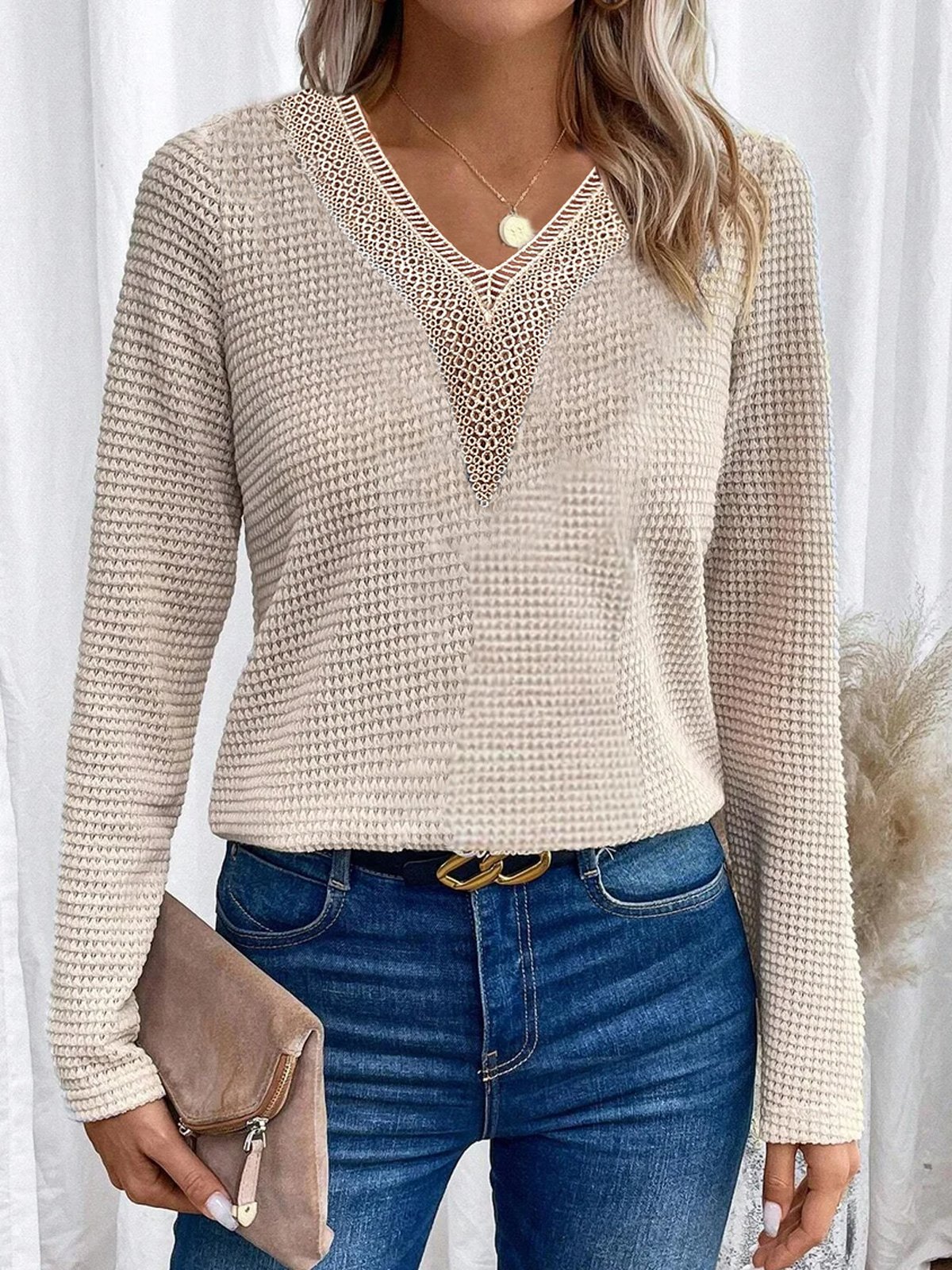 V Neck Long Sleeve Plain Lace Regular Micro-Elasticity Loose Shirt For Women