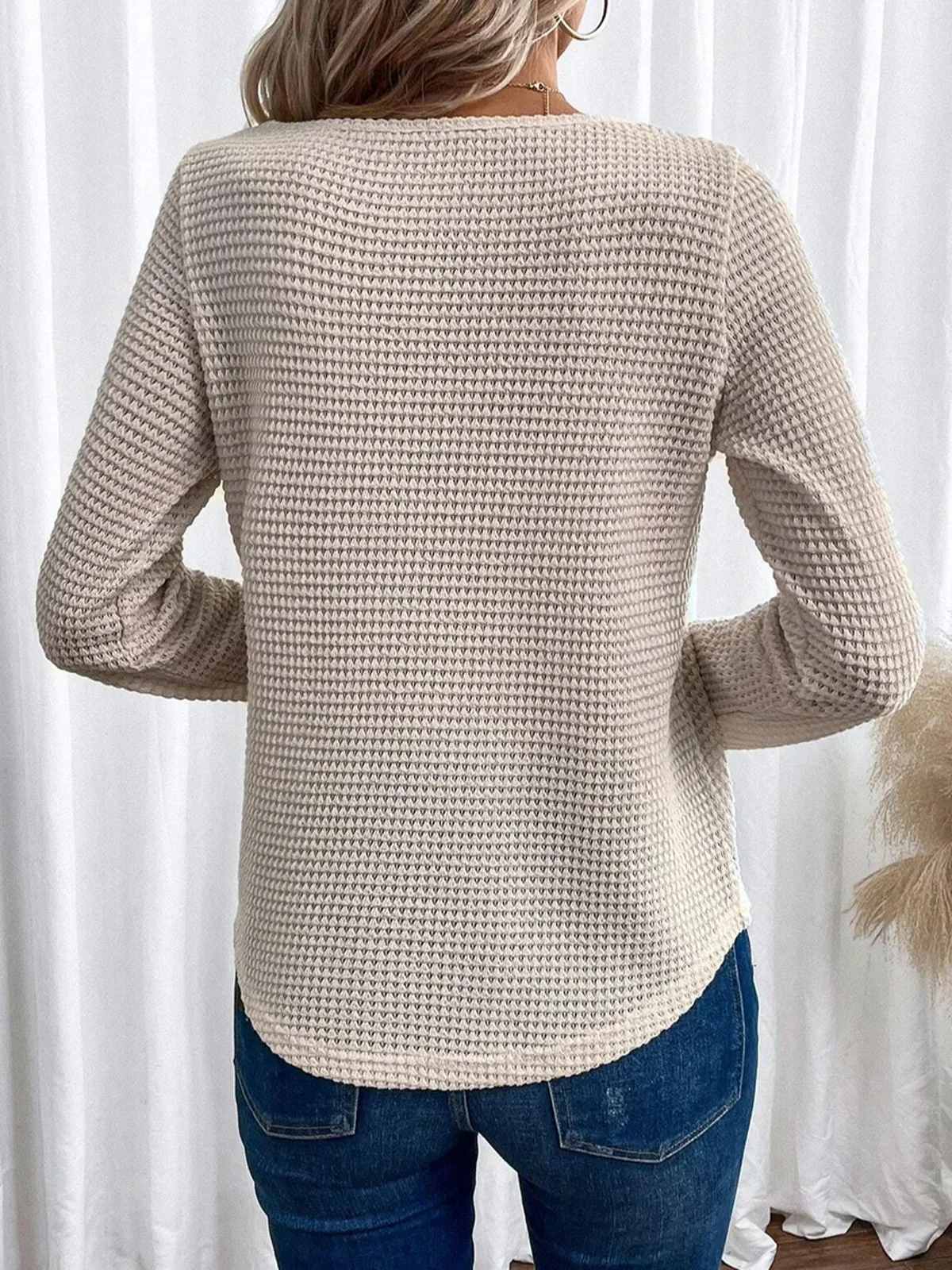 V Neck Long Sleeve Plain Lace Regular Micro-Elasticity Loose Shirt For Women