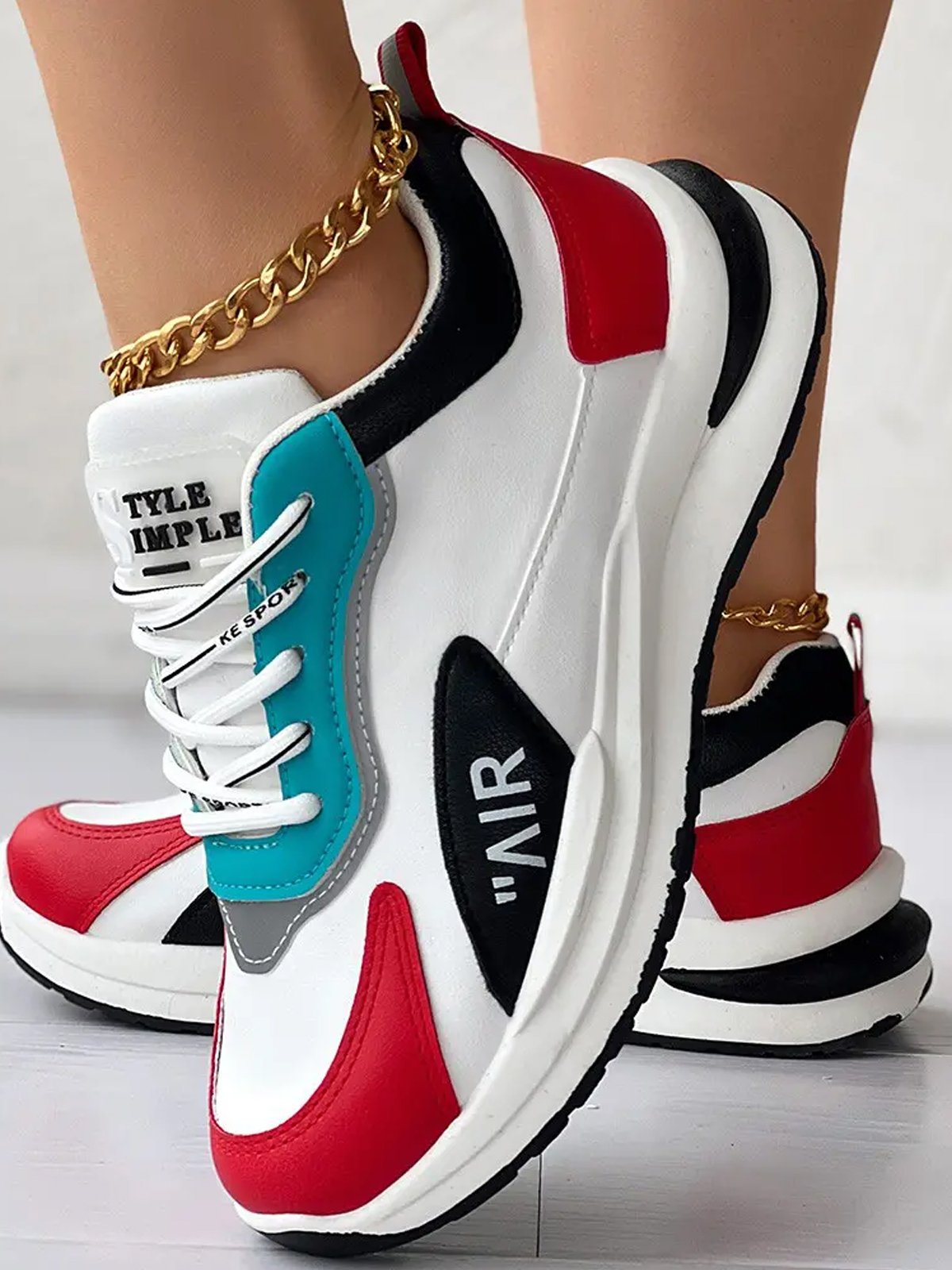 Casual Color Block Breathable Lace-Up Flat Heel Chunky Trainers Glitter