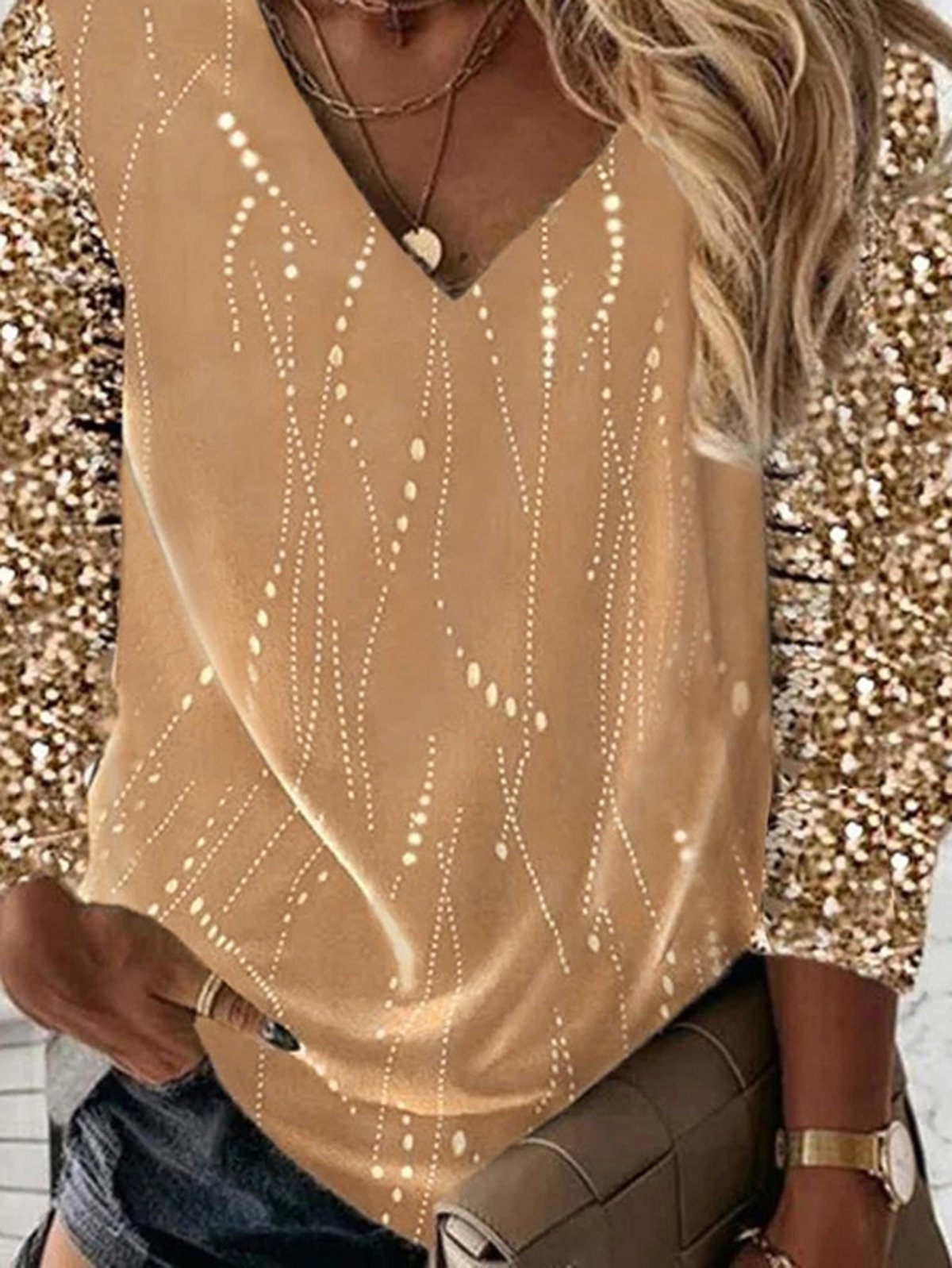 V Neck Long Sleeve Plain Glitter Regular Micro-Elasticity Loose Shirt For Women