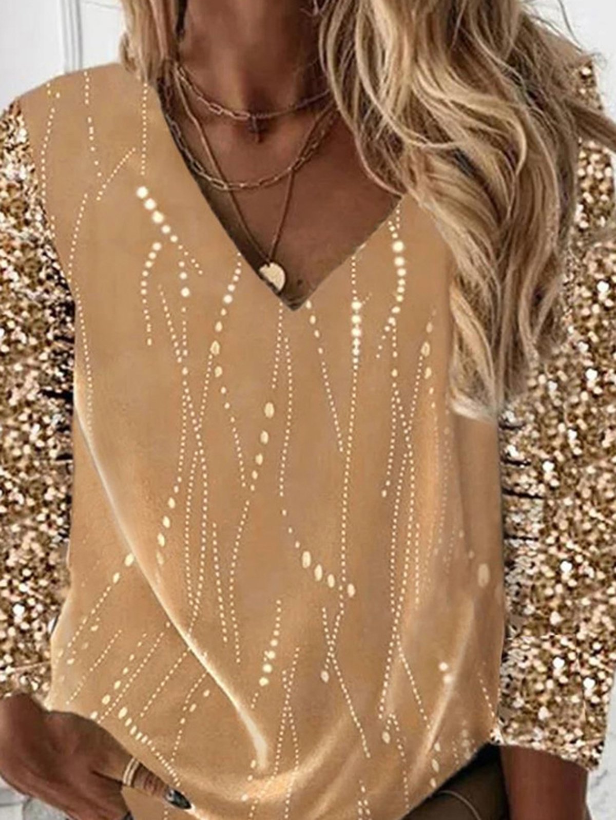 V Neck Long Sleeve Plain Glitter Regular Micro-Elasticity Loose Shirt For Women