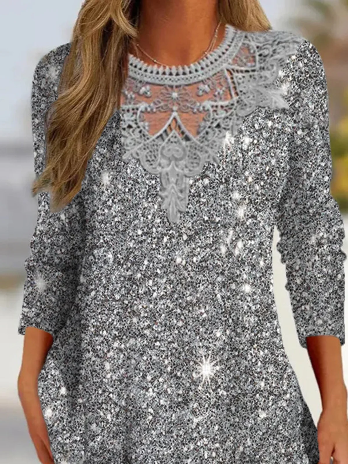 Women's Blouse Crew Neck Long Sleeve Plain Party Glitter Loose Shirt