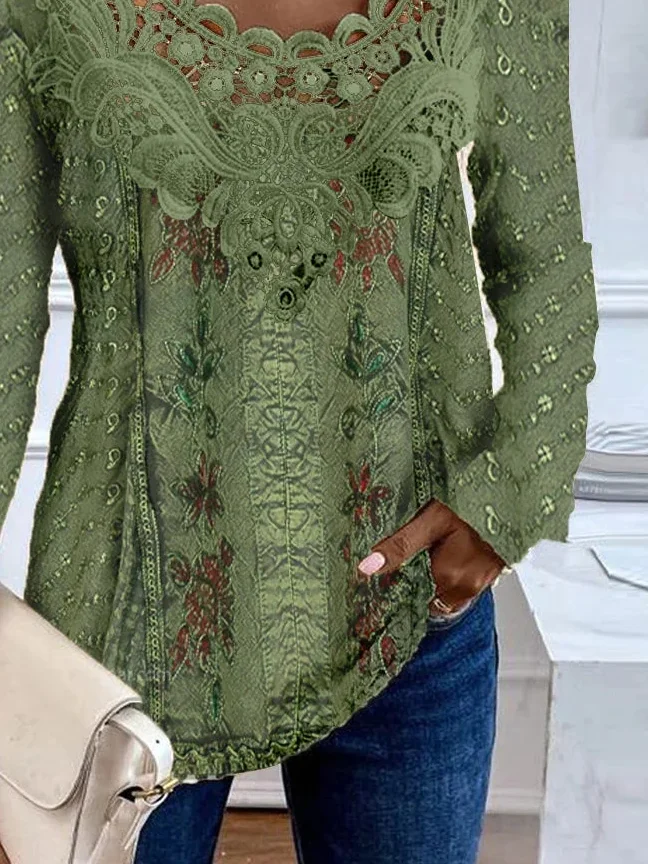 Crew Neck Long Sleeve Random Print Lace Regular Loose TUNIC Blouse For Women