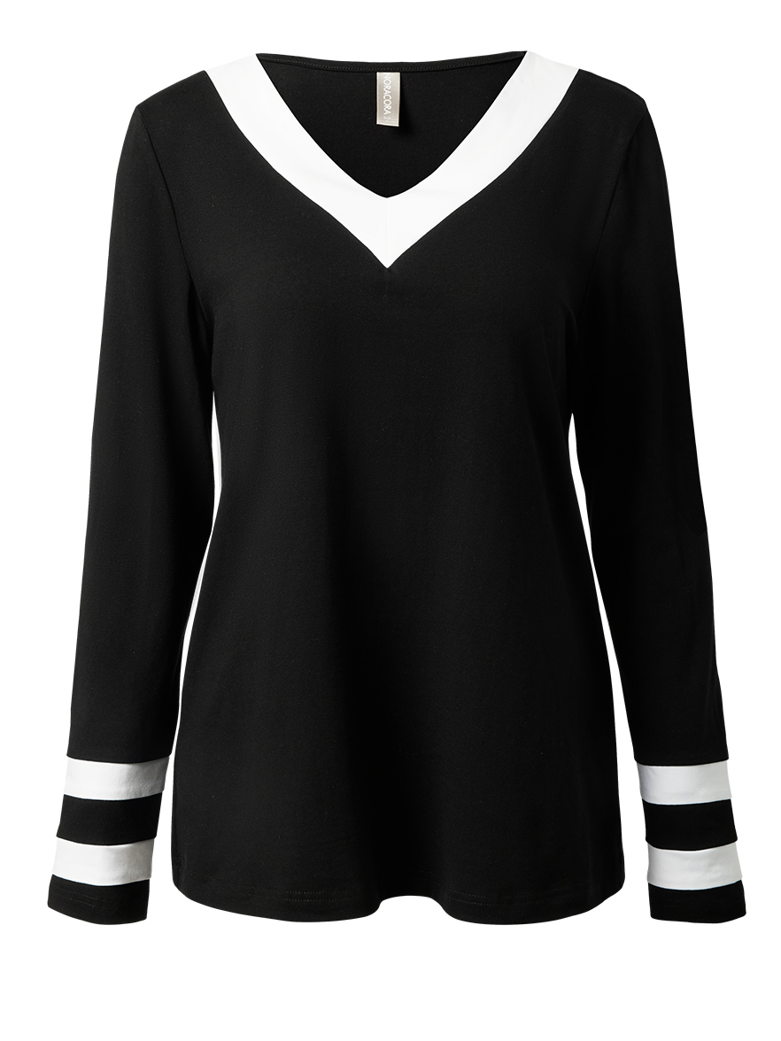 Women's Black And White Colorblock V Neck Long Sleeve T-shirt