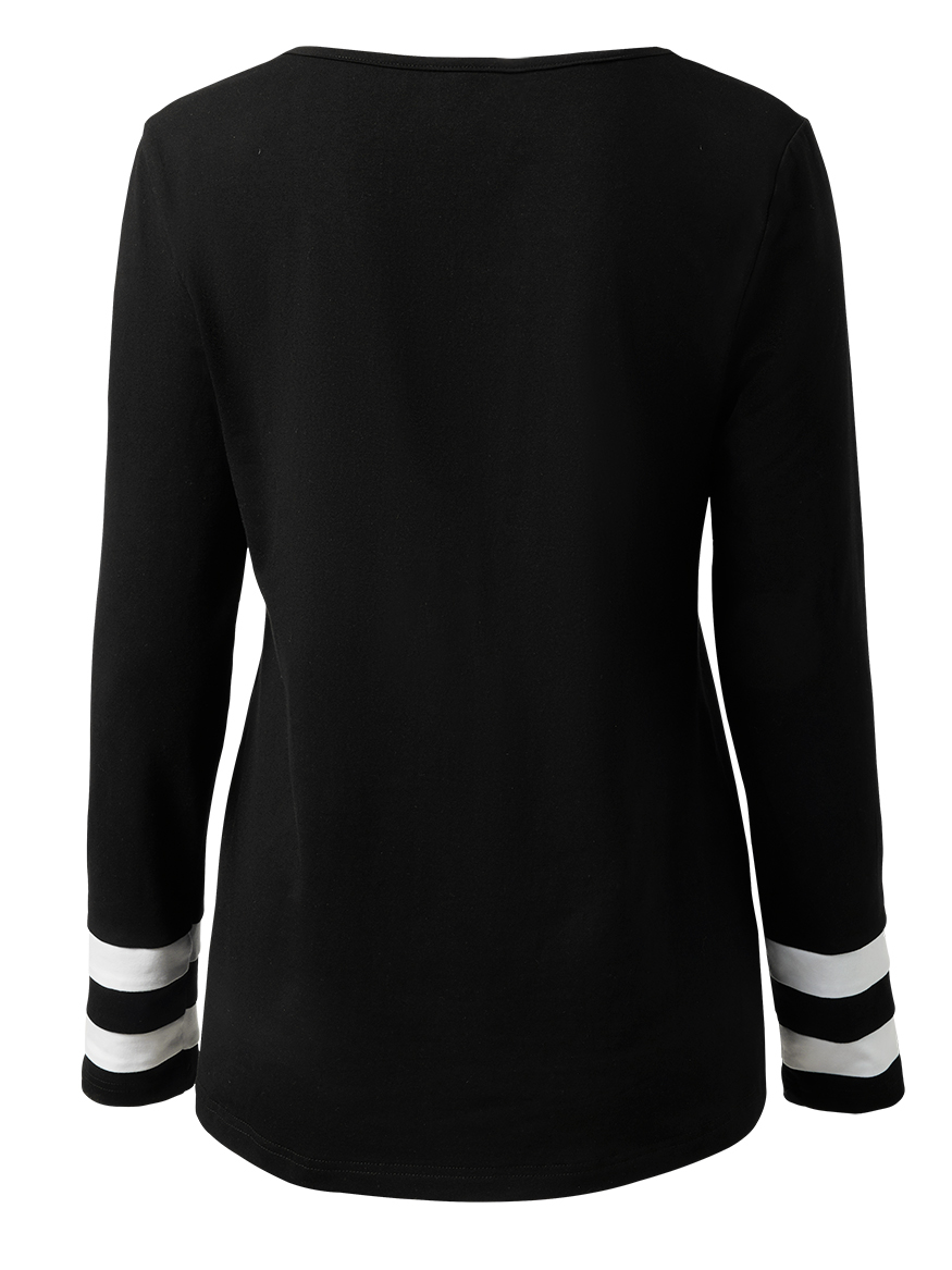 Women's Black And White Colorblock V Neck Long Sleeve T-shirt