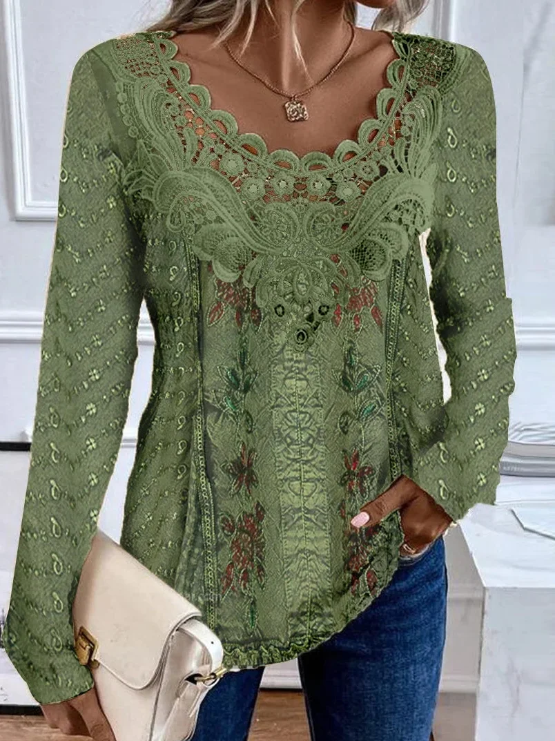 Crew Neck Long Sleeve Random Print Lace Regular Loose TUNIC Blouse For Women