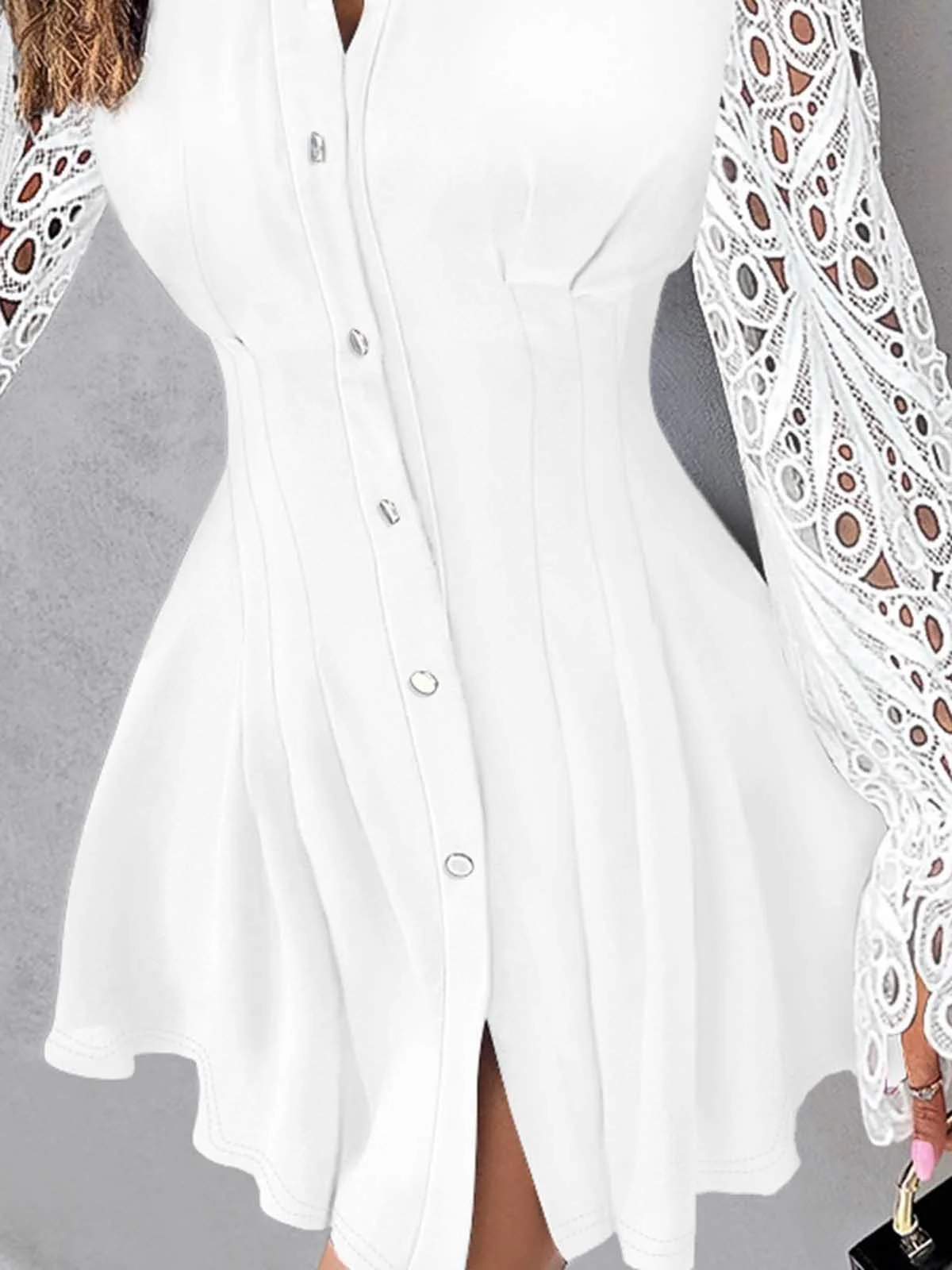 Women Plain Shirt Collar Long Sleeve Comfy Casual Lace Short Dress