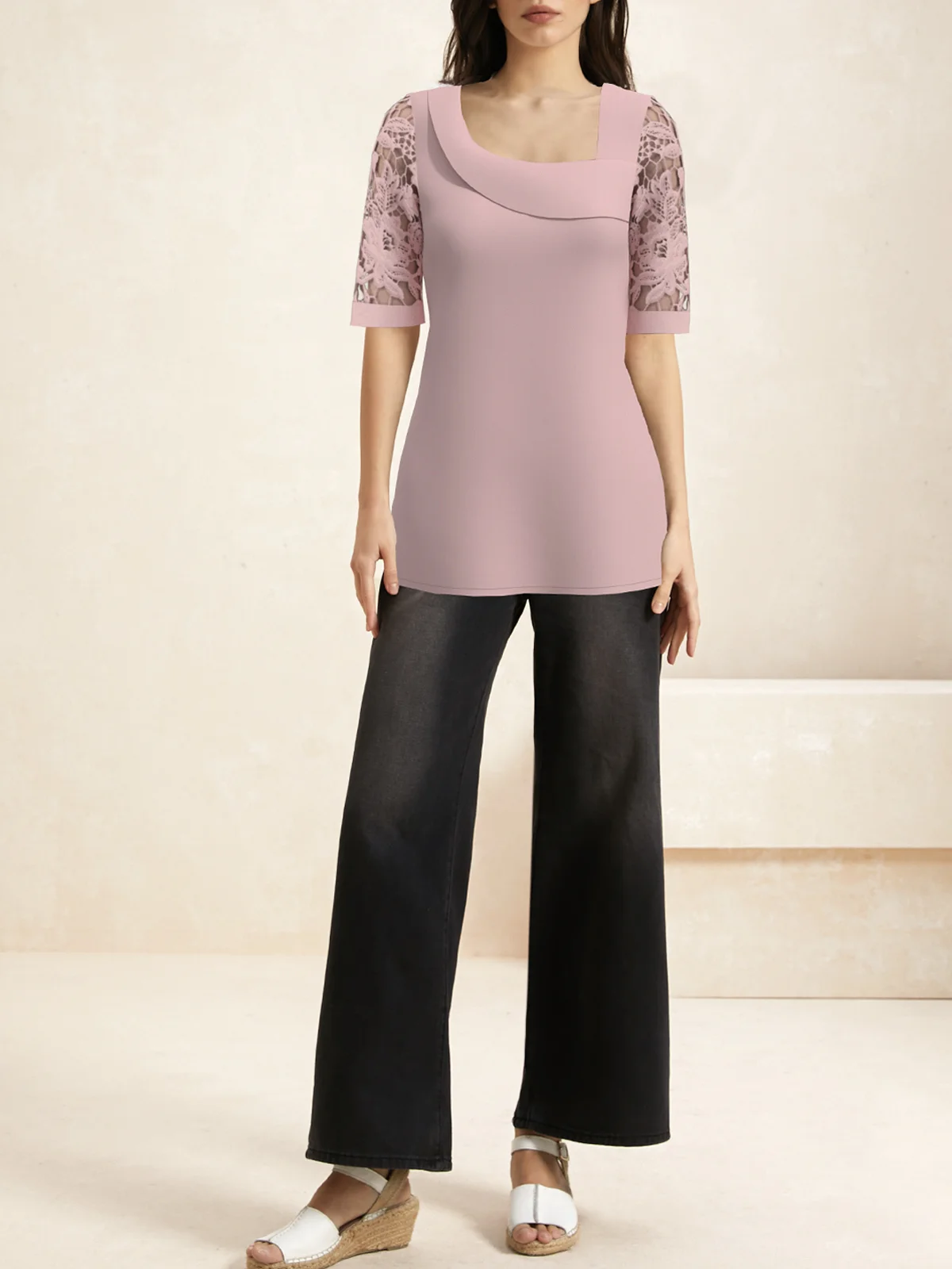 Women Blouse Short Sleeve Plain Lace Regular Micro-Elasticity Loose Shirt