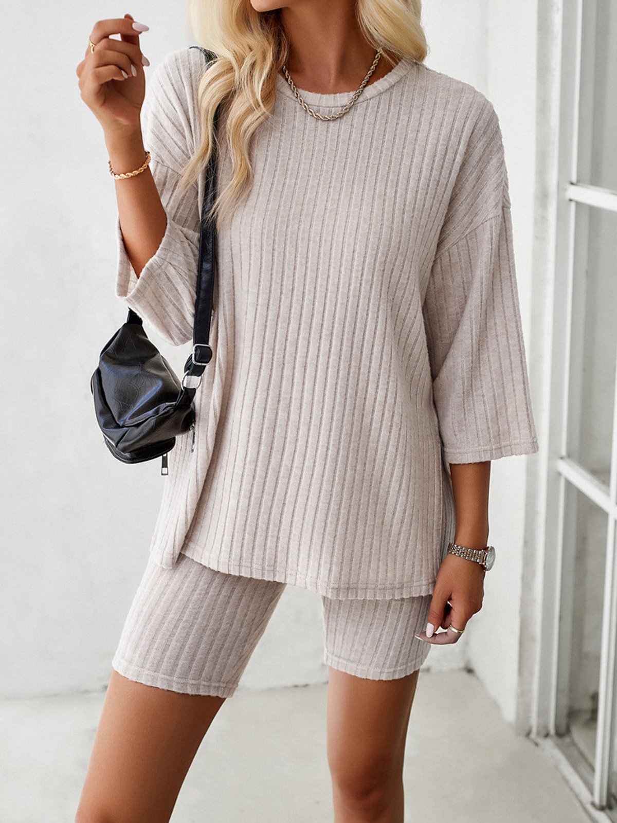 Women Plain Crew Neck Three Quarter Sleeve Comfy Casual Top With Pants Two-Piece Set