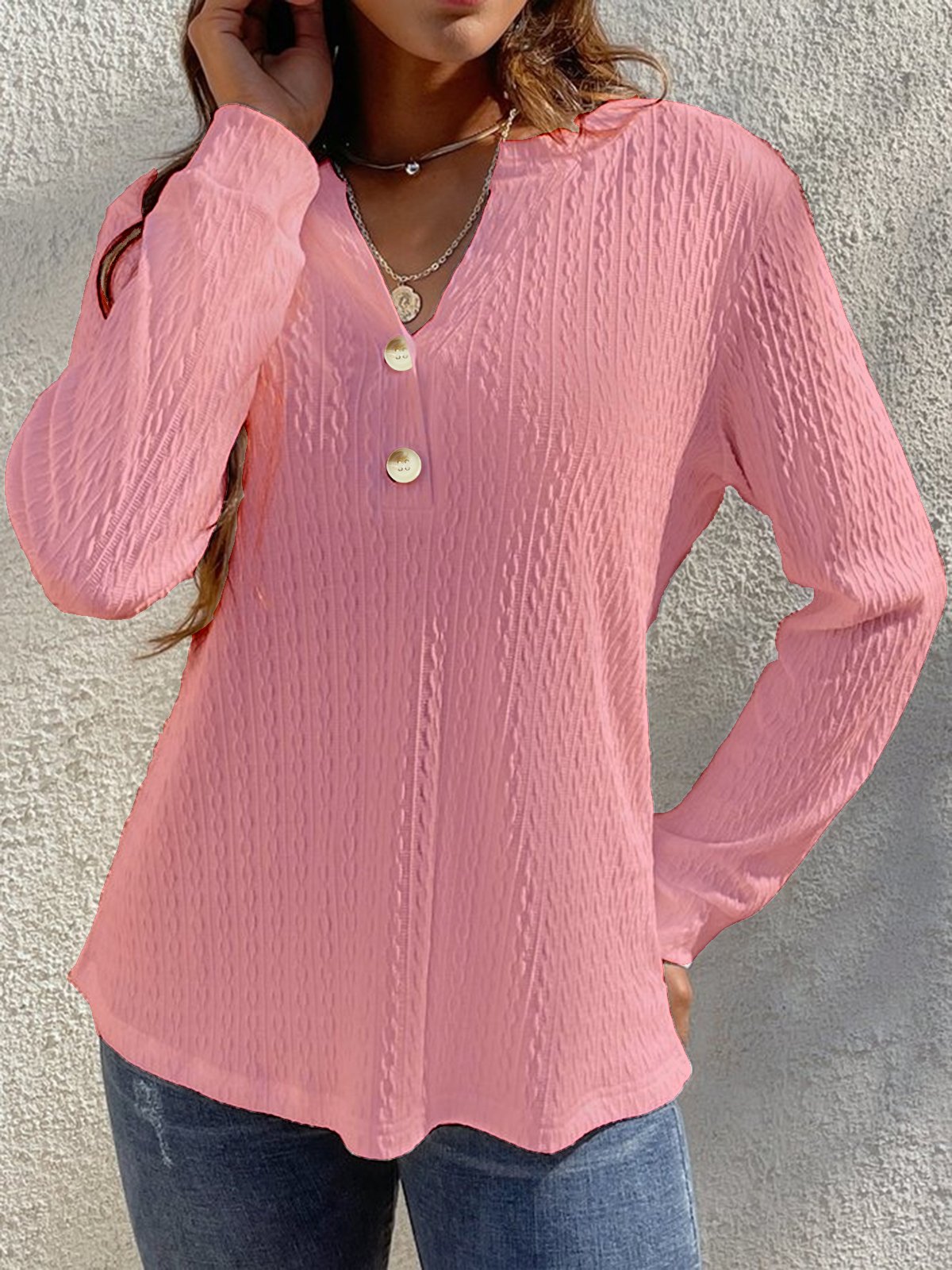 Women Casual Plain Loose Blouse Notched Long Sleeve Buttoned Regular Spring/Fall Shirt